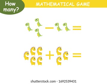 examples of addition and subtraction with dinosaurs. educational page with mathematical examples for children.