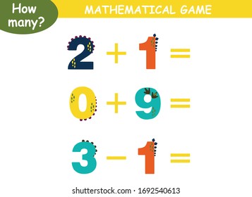 examples of addition and subtraction with dinosaurs. educational page with mathematical examples for children.