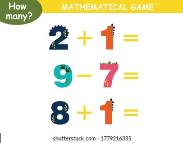 examples of addition and subtraction with dinosaurs. educational page with mathematical examples for children.