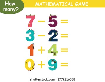 examples of addition and subtraction with dinosaurs. educational page with mathematical examples for children.