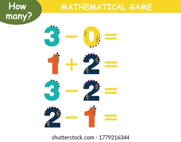 examples of addition and subtraction with dinosaurs. educational page with mathematical examples for children.