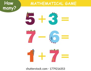 examples of addition and subtraction with dinosaurs. educational page with mathematical examples for children.