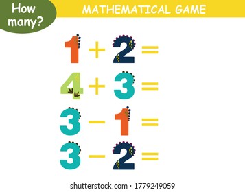 ejemplos de adición y sustracción con dinosaurios. página educativa con ejemplos matemáticos para niños.