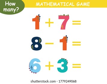 ejemplos de adición y sustracción con dinosaurios. página educativa con ejemplos matemáticos para niños.