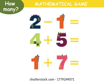 examples of addition and subtraction with dinosaurs. educational page with mathematical examples for children.