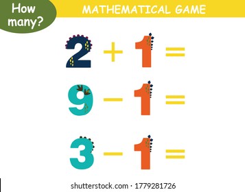 examples of addition and subtraction with dinosaurs. educational page with mathematical examples for children.