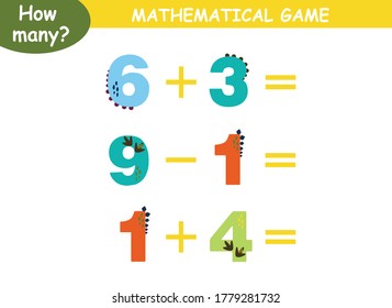 examples of addition and subtraction with dinosaurs. educational page with mathematical examples for children.