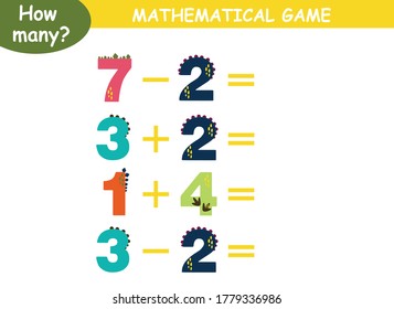examples of addition and subtraction with dinosaurs. educational page with mathematical examples for children.
