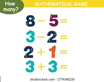 examples of addition and subtraction with dinosaurs. educational page with mathematical examples for children.