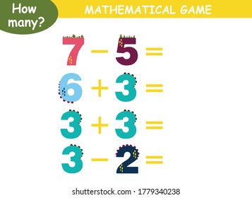 examples of addition and subtraction with dinosaurs. educational page with mathematical examples for children.