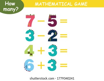 examples of addition and subtraction with dinosaurs. educational page with mathematical examples for children.