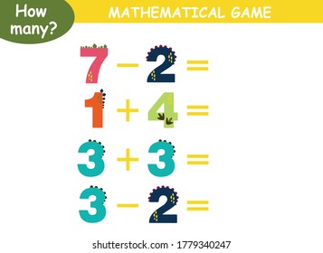 examples of addition and subtraction with dinosaurs. educational page with mathematical examples for children.