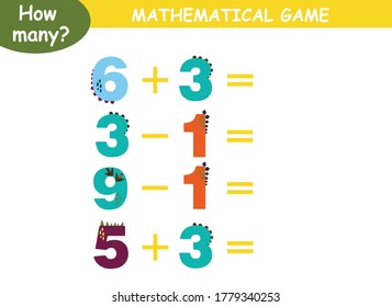 examples of addition and subtraction with dinosaurs. educational page with mathematical examples for children.