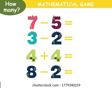 examples of addition and subtraction with dinosaurs. educational page with mathematical examples for children.