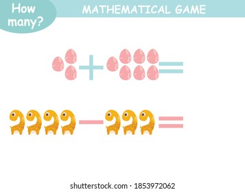 ejemplos de adición y sustracción con dinosaurios. página educativa con ejemplos matemáticos para niños.