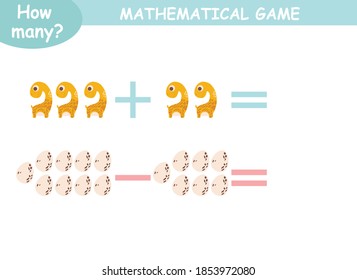examples of addition and subtraction with dinosaurs. educational page with mathematical examples for children.