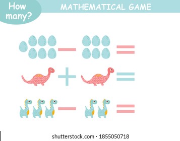 examples of addition and subtraction with dinosaurs. educational page with mathematical examples for children.