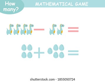examples of addition and subtraction with dinosaurs. educational page with mathematical examples for children.
