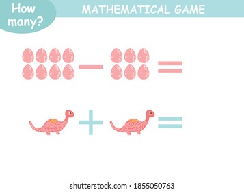 examples of addition and subtraction with dinosaurs. educational page with mathematical examples for children.