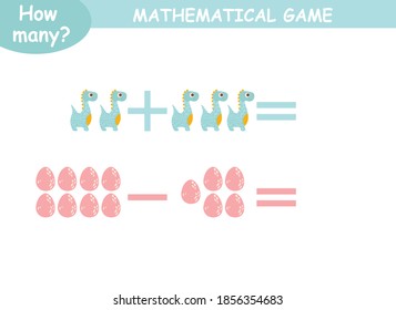 examples of addition and subtraction with dinosaurs. educational page with mathematical examples for children.