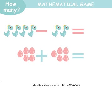 examples of addition and subtraction with dinosaurs. educational page with mathematical examples for children.