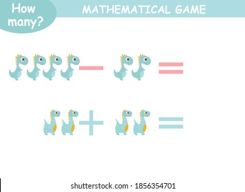 examples of addition and subtraction with dinosaurs. educational page with mathematical examples for children.