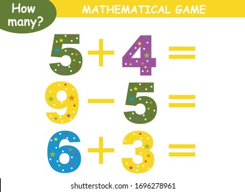 examples of addition and subtraction. educational page with mathematical examples for children.