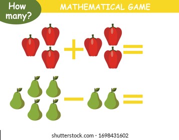 examples of addition and subtraction with fruits and vegetables. educational page with mathematical examples for children.