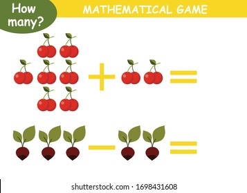 examples of addition and subtraction with fruits and vegetables. educational page with mathematical examples for children.