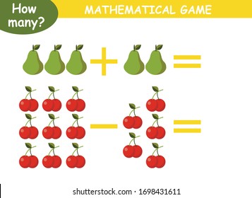 examples of addition and subtraction with fruits and vegetables. educational page with mathematical examples for children.