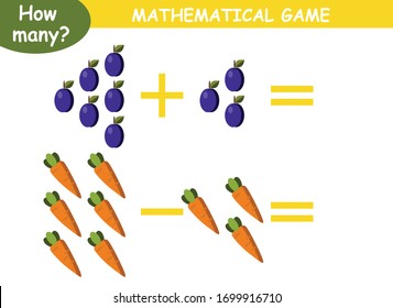 examples of addition and subtraction with fruits and vegetables. educational page with mathematical examples for children.
