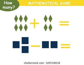 examples of addition and subtraction with geometric shapes. educational page with mathematical examples for children.