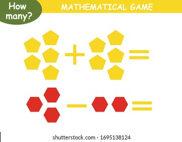 examples of addition and subtraction with geometric shapes. educational page with mathematical examples for children.