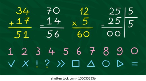 examples of addition, subtraction, multiplication, division. math numbers and symbols green background