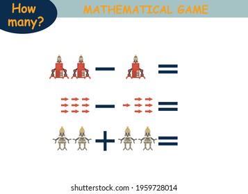 examples of addition and subtraction with robots. educational page with mathematical examples for children.