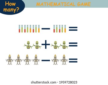 examples of addition and subtraction with robots. educational page with mathematical examples for children.