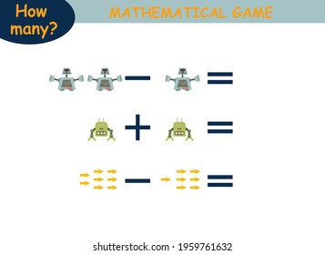 examples of addition and subtraction with robots. educational page with mathematical examples for children.