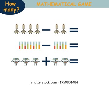 examples of addition and subtraction with robots. educational page with mathematical examples for children.
