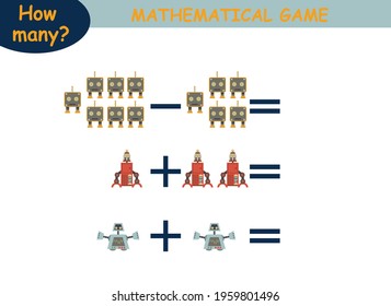 examples of addition and subtraction with robots. educational page with mathematical examples for children.