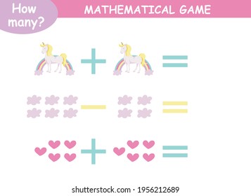 examples of addition and subtraction with unicorns. educational page with mathematical examples for children.