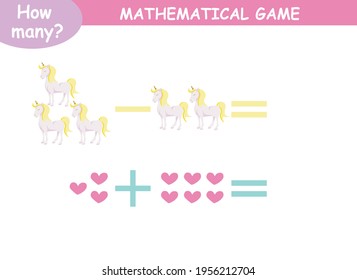 examples of addition and subtraction with unicorns. educational page with mathematical examples for children.