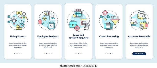 Examples of automation in business onboarding mobile app screen. Walkthrough 5 steps graphic instructions pages with linear concepts. UI, UX, GUI template. Myriad Pro-Bold, Regular fonts used