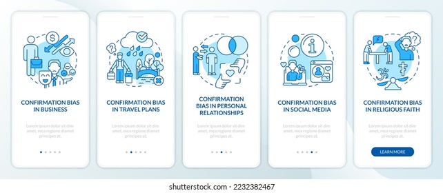 Examples of cognitive bias blue onboarding mobile app screen. Walkthrough 5 steps editable graphic instructions with linear concepts. UI, UX, GUI template. Myriad Pro-Bold, Regular fonts used