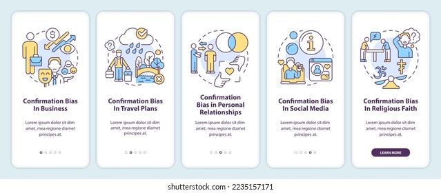 Ejemplos de sesgo de confirmación en la pantalla de aplicación móvil. Recorrido 5 pasos instrucciones gráficas editables con conceptos lineales. UI, UX, plantilla GUI. Multitud de tipos de letra Pro-Bold, con uso regular