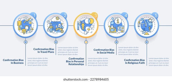 Examples of confirmatory bias circle infographic template. Data visualization with 5 steps. Editable timeline info chart. Workflow layout with line icons. Lato-Bold, Regular fonts used