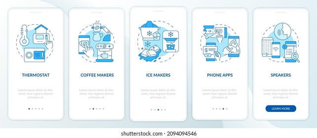 Examples of daily automation blue onboarding mobile app screen. Walkthrough 5 steps graphic instructions pages with linear concepts. UI, UX, GUI template. Myriad Pro-Bold, Regular fonts used