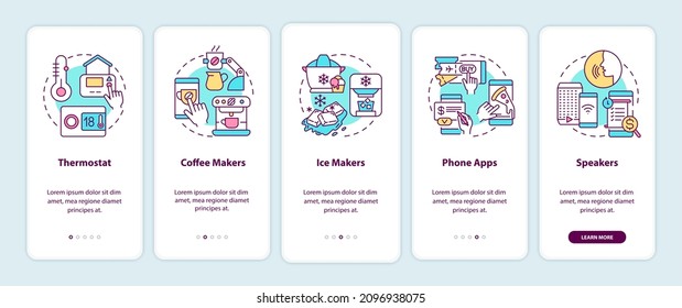 Examples of daily automation onboarding mobile app screen. Walkthrough 5 steps graphic instructions pages with linear concepts. UI, UX, GUI template. Myriad Pro-Bold, Regular fonts used