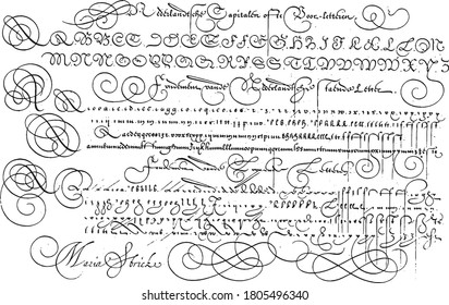 Examples of the Dutch capitals, the standing letter and italic hand, Hans Strick, 1618 Examples of the Dutch capitals, the standing letter and italic hand, thirteen lines, vintage engraving.