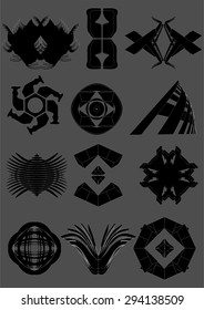 Examples of emblems, black with a white outline, on a gray background.