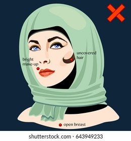 Examples of incorrect wearing of traditional Muslim women's clothes. Incorrect use of hijab. Vector Illustration